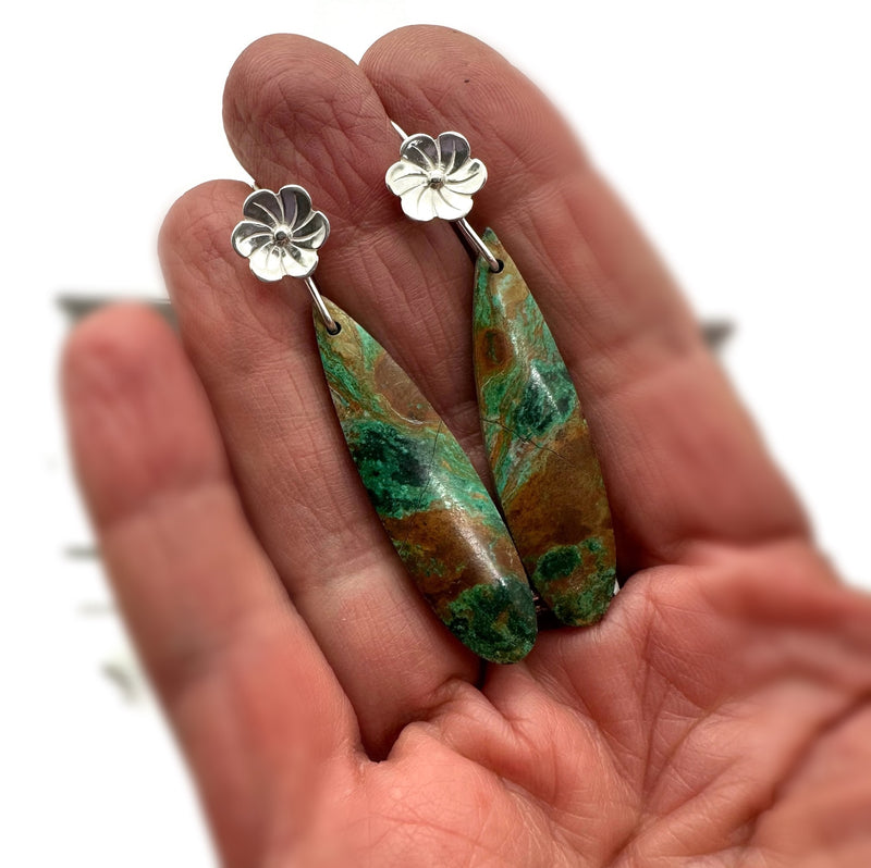 Chrysocolla and Sterling Silver Long Teardrop Earrings