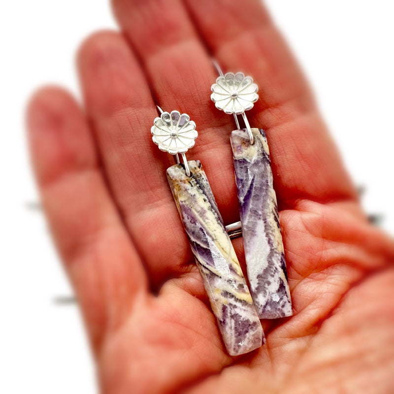 Purple Fluorite and Sterling Silver Long Rectangle Earrings