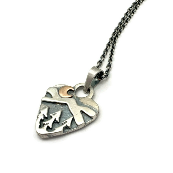 Sterling Silver Alpine Heart with Bronze Crescent Moon