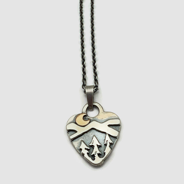 Sterling Silver Alpine Heart with Bronze Crescent Moon
