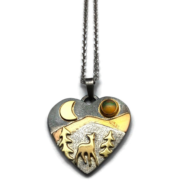 Alpine Heart Deer Song 18K and 22K Gold with Opal