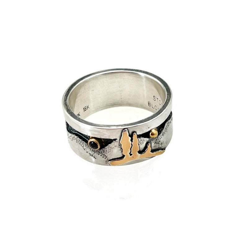 Sterling Silver, 22K and Sterling Silver Bi-Metal Gold Blue Sapphire 18k Gold Mountain Landscape Ring Size 9.25