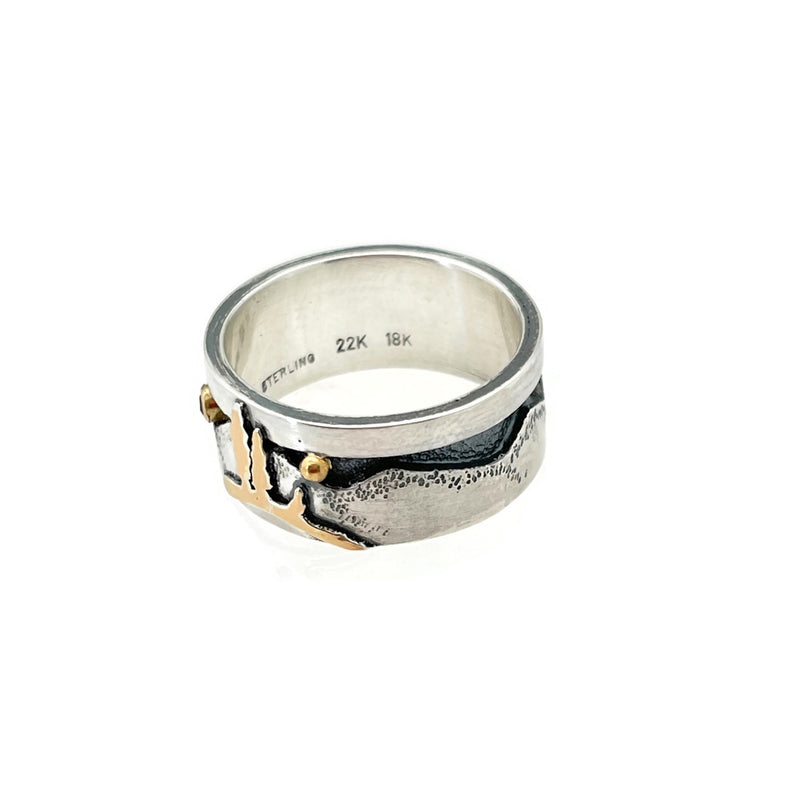 Sterling Silver, 22K and Sterling Silver Bi-Metal Gold Blue Sapphire 18k Gold Mountain Landscape Ring Size 9.25