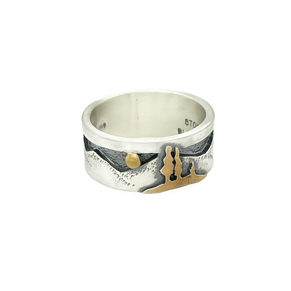 Sterling Silver and 22K gold mountain landscape ring size 10