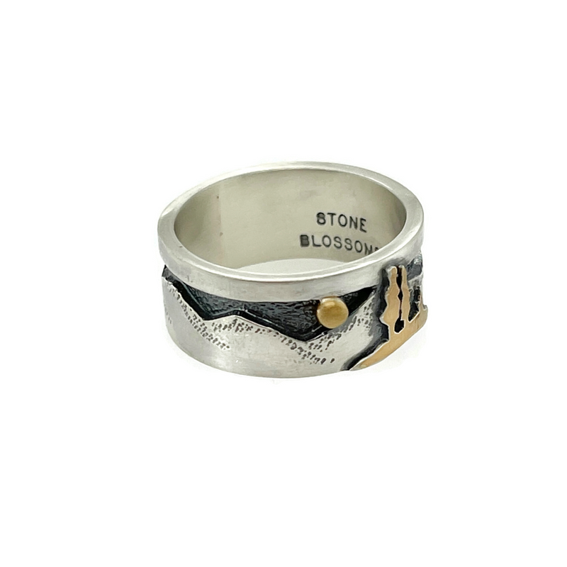 Sterling Silver and 22K gold mountain landscape ring size 10