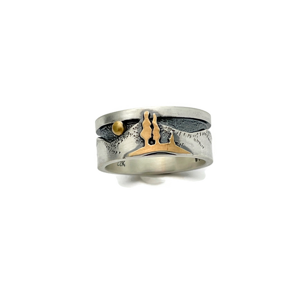 Sterling Silver and 22K gold mountain landscape ring size 10
