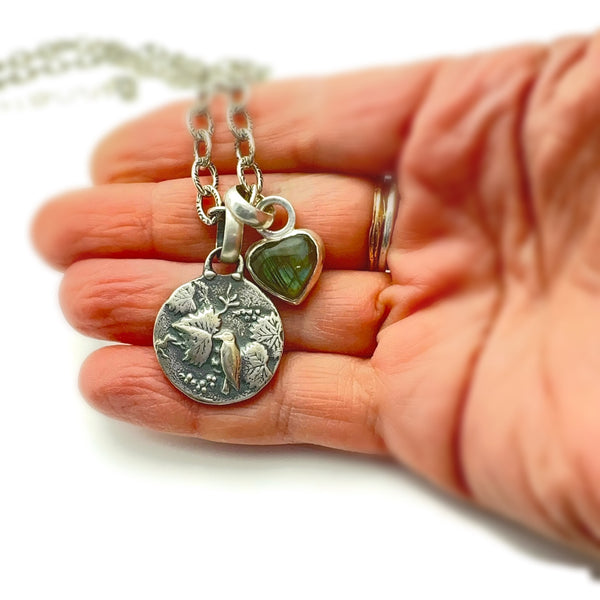 Sterling Silver and Labradorite Botanical Bird with Labradorite Heart Charm Necklace