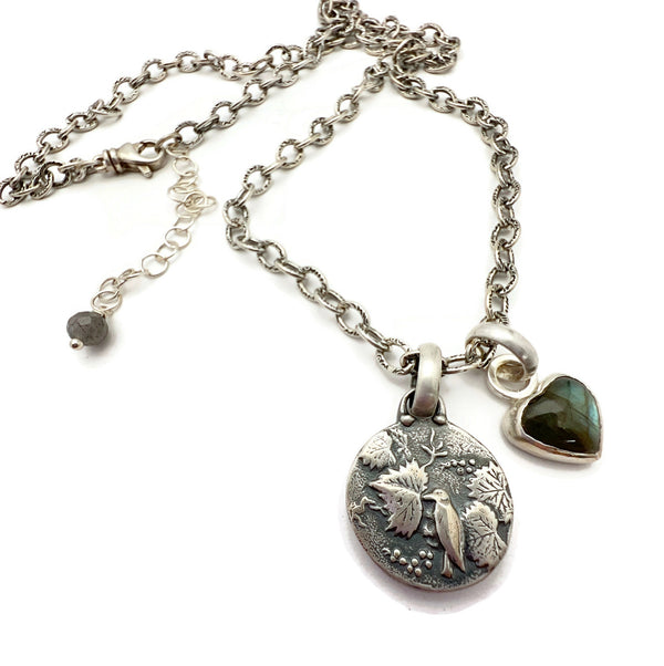 Sterling Silver and Labradorite Botanical Bird with Labradorite Heart Charm Necklace