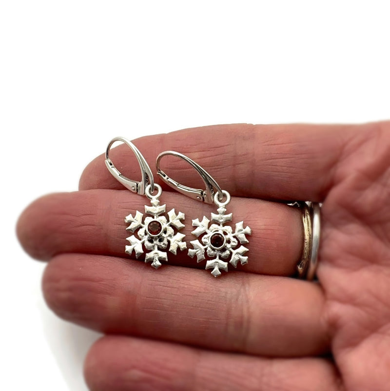 Sterling Silver Snowflake Earrings with Garnet Gemstones