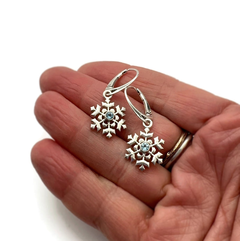Sterling Silver Snowflake Earrings with Aquamarine Gemstones