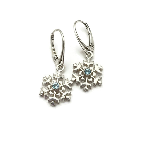 Sterling Silver Snowflake Earrings with Aquamarine Gemstones