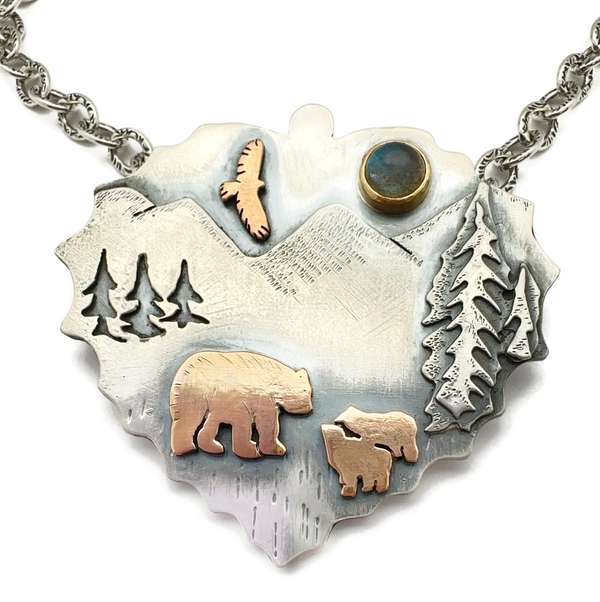 Momma Bear Pendant in Sterling Silver, Bronze, 18K Yellow Gold Stone Setting with Labradorite Gemstone