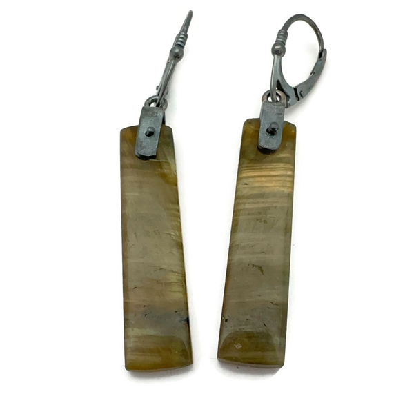 Labradorite Long Bar Riveted Saddle Hinge Earrings in Patinated Sterling Silver