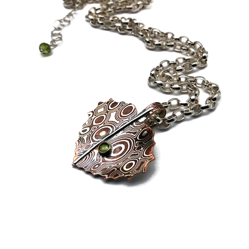 Mokume Gane Aspen Leaf Necklace with Peridot Gemstone