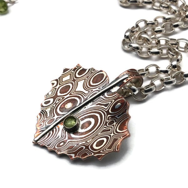 Mokume Gane Aspen Leaf Necklace with Peridot Gemstone