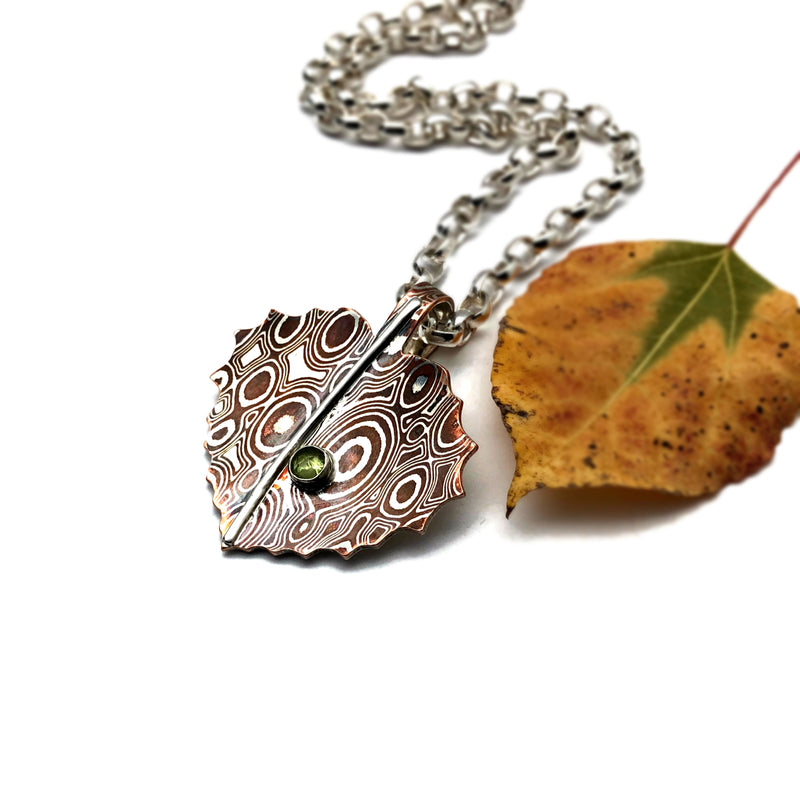 Mokume Gane Aspen Leaf Necklace with Peridot Gemstone