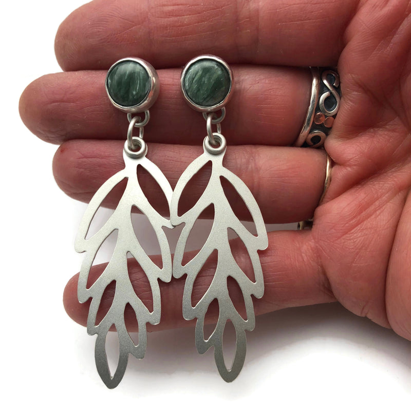 sterling silver leaf earrings with seraphinite gemstone